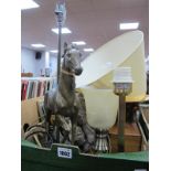 Equestrian Table Lamp, two others, photograph frames, coasters, large glass bowl:- One Box