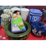 Ringtons Novelty Butter Dish and Jugs, Tetley Tea Folk teapot, Devon kitchen jars, etc:- One Tray