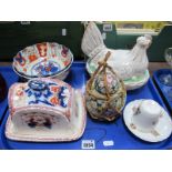 XIX Century Pottery Hen on Nest, (tail damaged), Imari bowls, cheese dish, ginger jar, cups and