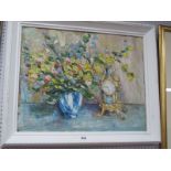 Alan Gildersleeve 'Flowers and Clock' oil on board, 49.5 x 62.5cm, titled and named verso.