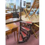 XX Century Library Steps, with turned mahogany pole, the four steps with red leather insets.