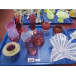 A Venetian Leaf Dish, 20cm long, XIX Century Cranberry glass oil bottle, tumbler salts, posies,