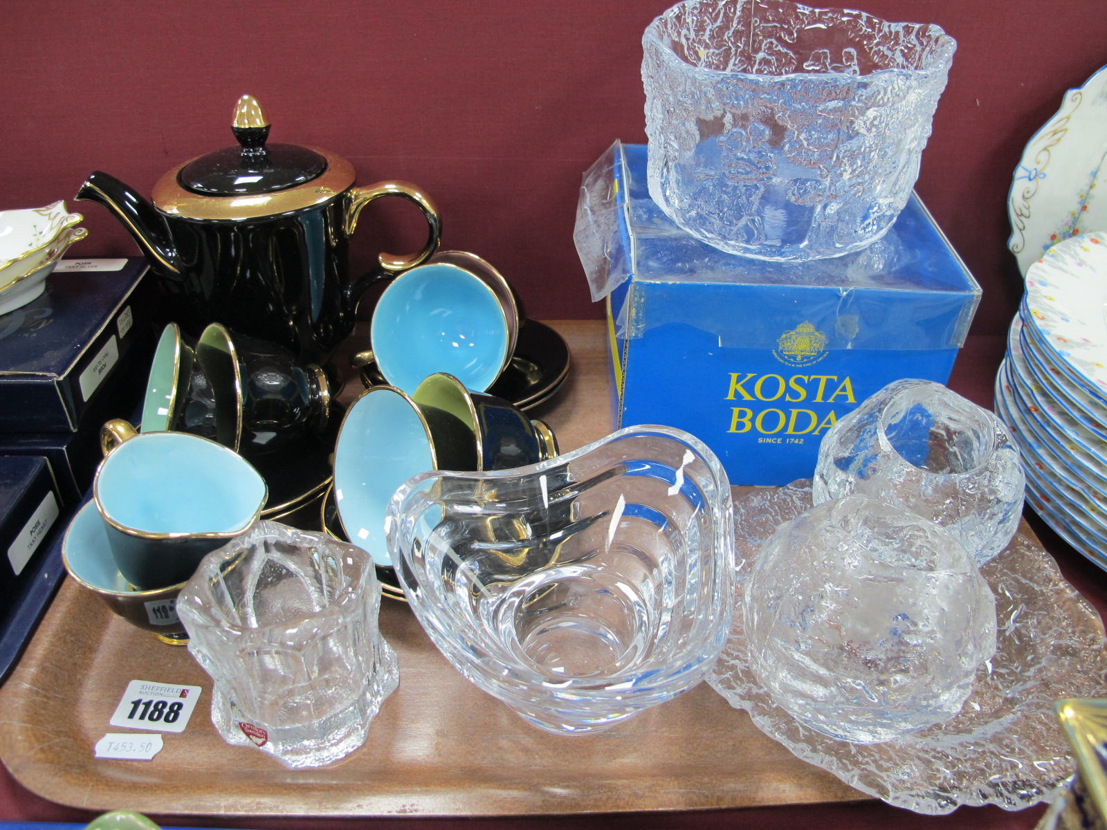 Vintage Stavangerflint (Norway) Harlequin Coffee Set, comprising coffee pot, six cups and saucers,