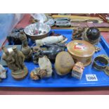 Three Wise Monkey's Carved Wooden Figure Group, elephants, brass decorative handles, etc:- One Tray