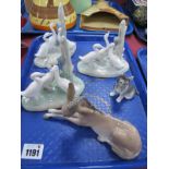 Lladro Donkey, three Nao geese figures and a porcelain dog figure:- One Tray