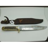 Bowie Knife by Whitey Solingen, Germany, beautiful etched blade, Indians chasing buffalo across