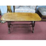 Mahogany Coffee table, with curved corners to rectangular top, on lyre supports, 91cm wide.