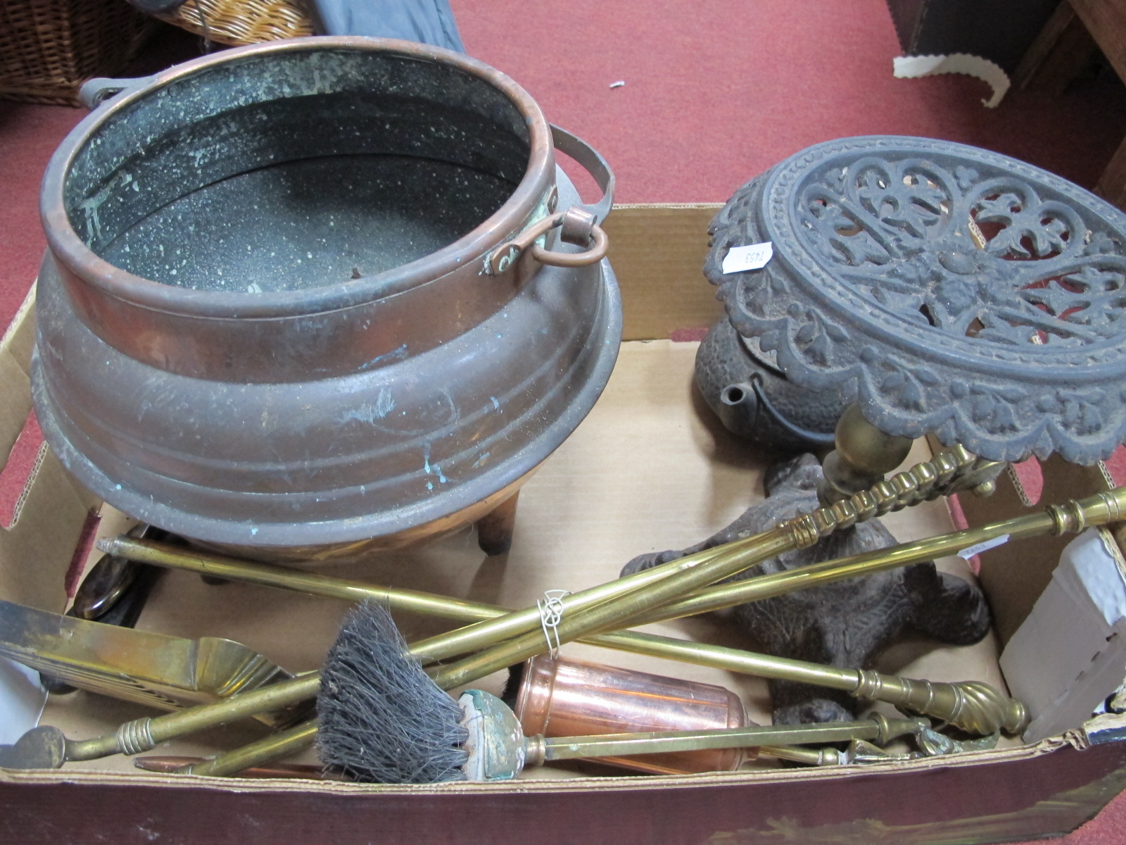 A XIX Century Brass and Cast Iron Trivet, brass fore irons, copper jardiniere; together with golf