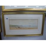 T Mathewson?, coastal scene with ships in distance and birds flying over beach, watercolour,