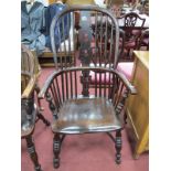 XIX Century Ash and Elm Windsor Chair, with hooped back, pierced splat, on turned legs united by