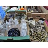 Glass Decanters, blue glass liners, plated ice buckets, candlesticks, snuffers, condiment lids:- Two