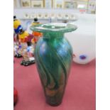 A Green and Blue Iridescent Glass Vase, of elongated baluster form, with stylised leaf pattern, 21cm