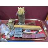 Brass Lion Head Door Knocker, inkwell, rulers, stencils, Antler knife, etc:- One Tray