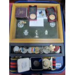 Medallions, silver ring, scout badge, others in display case:- One Tray