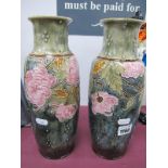 Royal Doulton, pair of stoneware vases, circa early XX Century, pink floral and green leaf