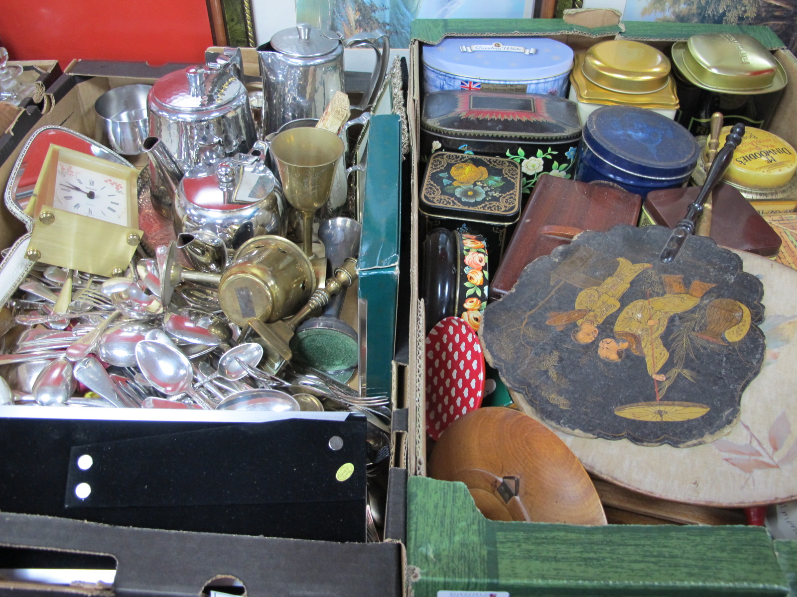 Cutlery, photograph frames, Old Hall stainless steel tea pot, hot water jug, Chinoiserie fan,