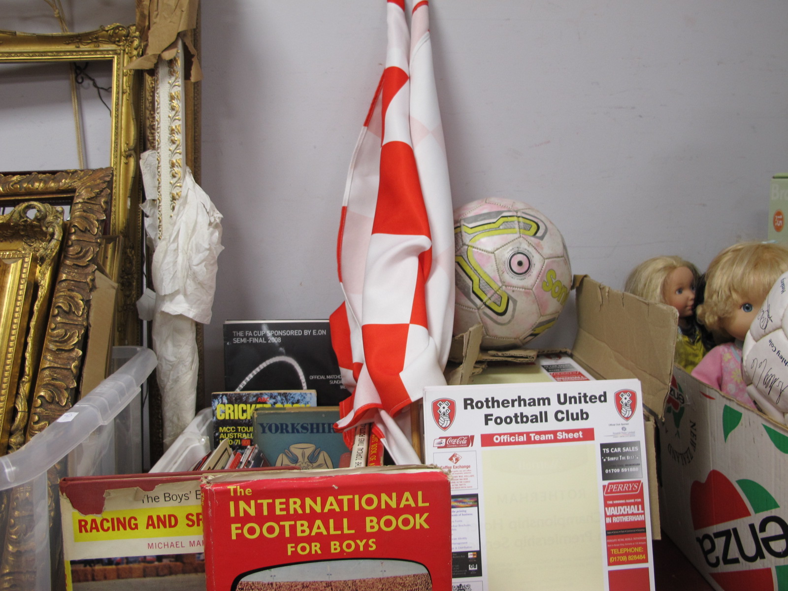 Barnsley Football Programmes, flags, Rotherham Team Sheets, ball, etc.