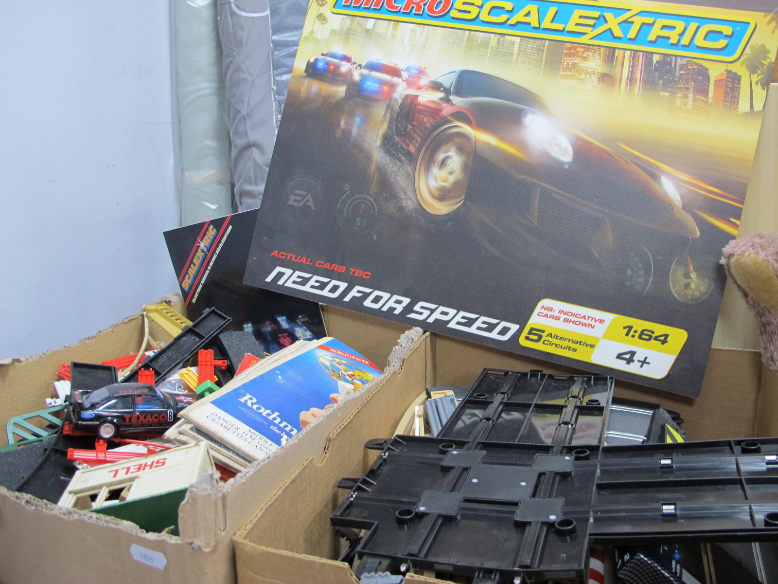 Two Boxes of Scalextric, including modern track, car and trackside accessories.
