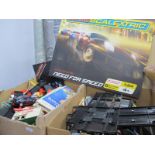 Two Boxes of Scalextric, including modern track, car and trackside accessories.
