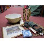 A Set of Blind Mans Dominoes, pair of resin figures, model car, clay pipes, Wedgwood dish:- One