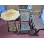 An Oak Occasional Table, with octagonal top, on turned supports; oak drop leaf table, folding chair.