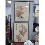 Oriental - Pair of embroidered panels featuring exotic birds amongst foliage, four character mark to