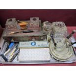 Two Heavy Glass Inkwells, (damages), horseshoe oak/desk stands, compasses, pens, penknives, etc:-