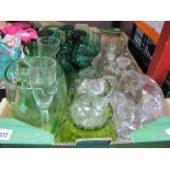 Eleven Green Glass Wine Glasses, water jug, cut glass bowl, salts, etc:- One Box