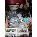 Napkin Rings, wristwatch, scales, ebonised cat, etc:- One Box