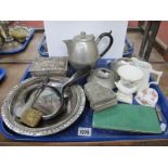 Brass Vesta Case, Shagreen style cigarette case, pewter tea service, Portmeirion jug, silver handles
