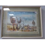 A De Gorde, Shire Horses Pulling Log with Farmer in Attendance, watercolour, signed lower right,