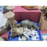 Onyx Ashtray and Egg, mineral rhino (ear repair), 'JH' candle holders, candlesticks, etc:- One Tray