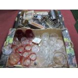 Glassware, Stratton Musical Compact, plated goblets, tray, cutlery, alabaster clock etc:- Two