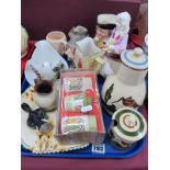 Doulton 'Faith' Figurine, toby jug, two small character mugs, Pailssy condiments, etc:- One Tray