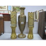Pair of Brass Shell Case Vases, with bird decoration, 33.5cm high, Paris weighted brass vase. (3)
