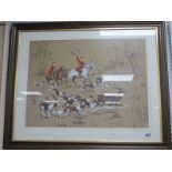 De Marcillac, Stag Hunting Scene, colour print, graphite signed, 42.5 x 57cm.