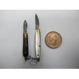 Miniature Pen Knives, circa 1900, one with mother of pearl scales, 55cm open, 30mm closed, the other