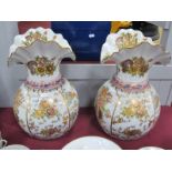 A Pair of Oriental Bulbous Vases, with wavy rims, decorated with exotic birds and foliage, 40cm