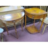 A Yew Wood Demi-Lune Table, on sabre legs; together with a yew wood corner table with single