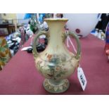 Royal Worcester Bulbous Vase, with green base and handles, hand painted thistle decoration on