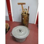Carpet Beater, tri square, fire irons, skimmers, etc, in brass stock stand, galvanised wash tub.