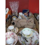 Conical Glass Vase, Edwardian ceramic cased mantle clock, teddy bear, cutlery, etc:- One Box