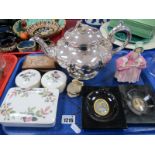 Royal Doulton 'Bo Peep' HN1811, Wedgwood trinkets, plated teapot, oval miniatures, etc:- One Tray