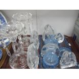 A Pair of Lustres, 21.5cm high, blue glass trinket set, paperweights:- One Tray.