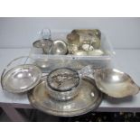 Assorted Plated Ware, including glass salad bowl and servers, swing handled dishes, bottle stand,