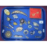 Assorted Costume Brooches, including large Monet feather, filigree flower brooch (stamped "800"),