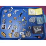 Assorted Costume Brooches, including cats, dragonfly, bird etc :- One Tray