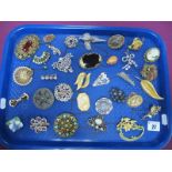 Assorted Costume Brooches, including A.R. Brown pewter brooch, dress clips etc :- One Tray