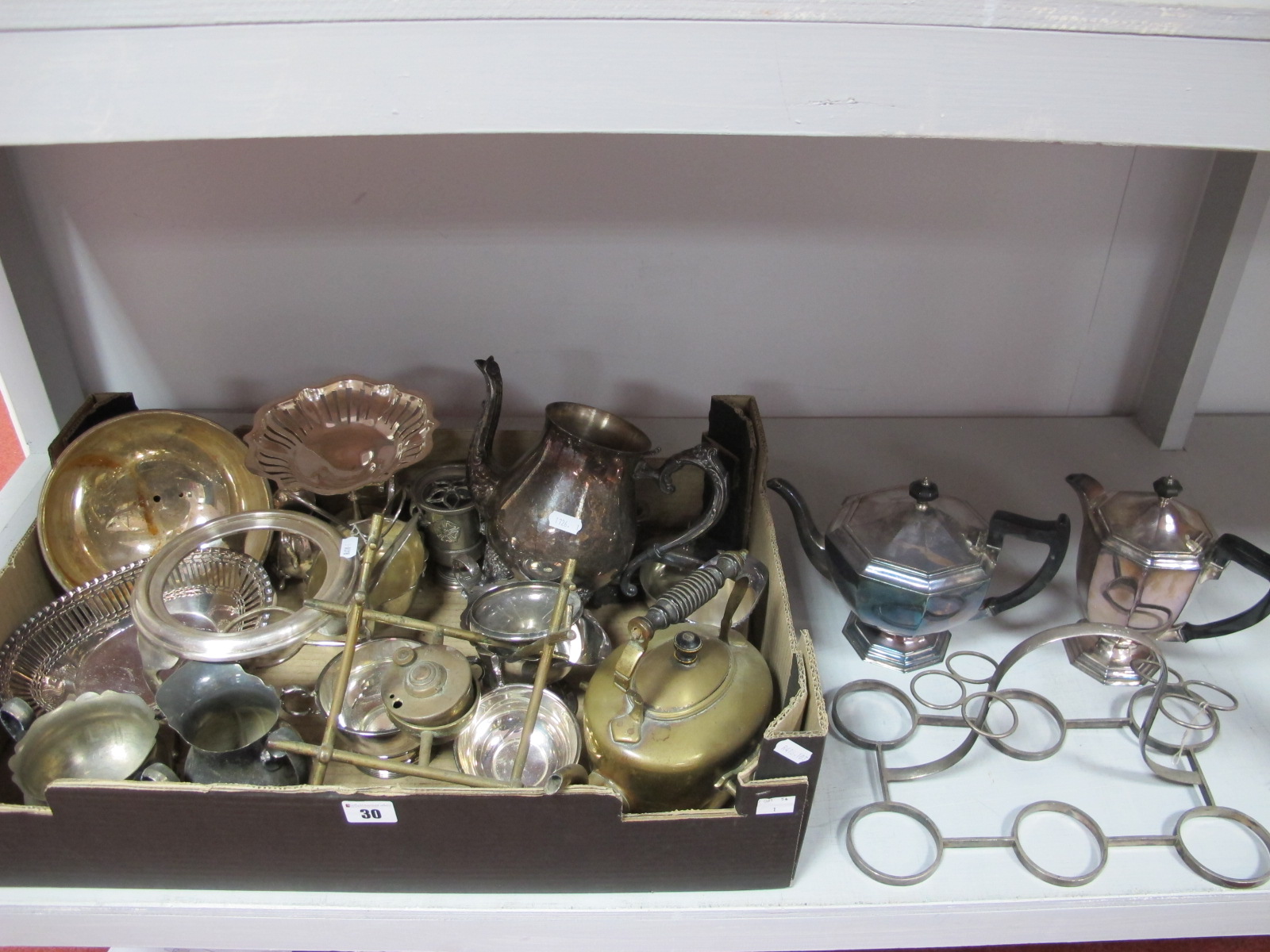 Assorted Plated Ware, including tea wares, pierced dish, sauce boat etc:- One Box