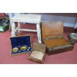 XIX Century painted Pine Stool, writing slope, weights and scales, jewellery box.